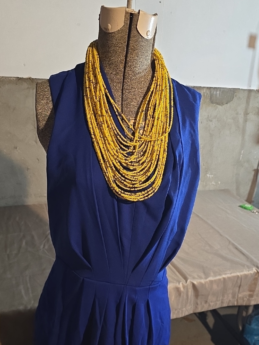 H&M Blue Mini Dress W/ Multi-Strand Yellow Beaded Necklace